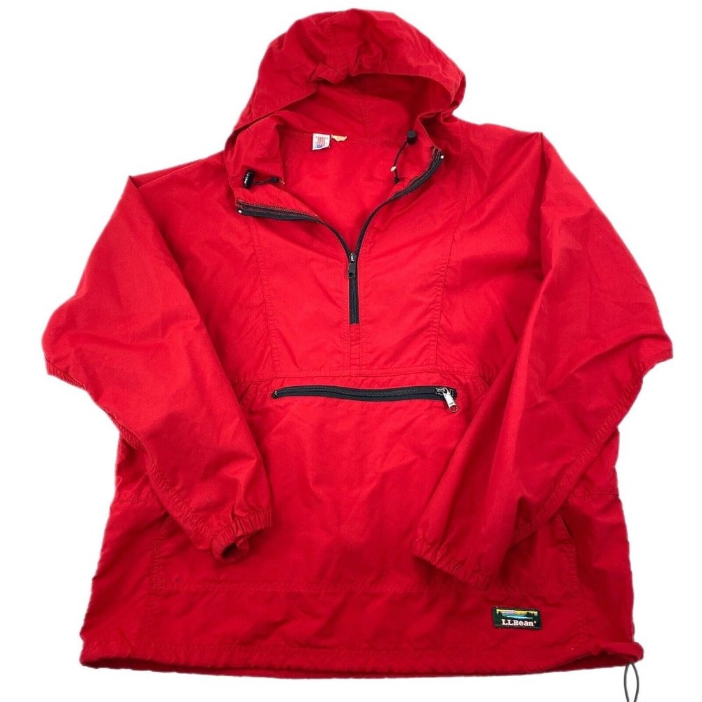 VTG LL Bean Jacket Mens Red Pullover Anorak Windbreaker Hoodie 1/4 Zip Sz Large